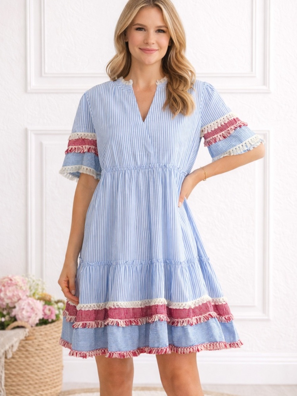 *NWT*Boutique Blue Stripe Dress 🇺🇸 Red White Blue Ruffle Tiered